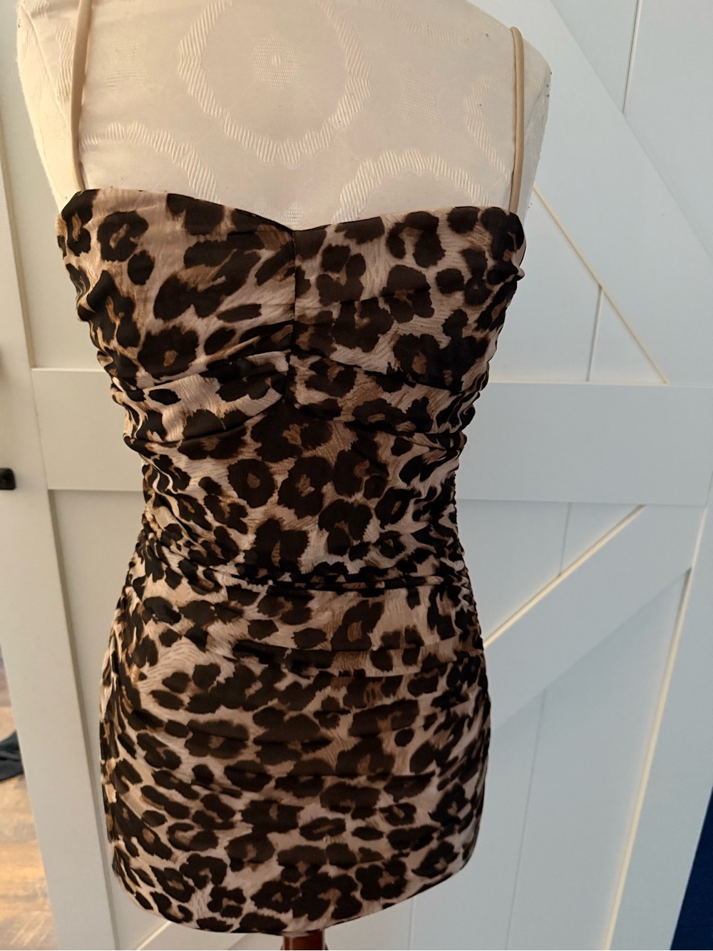 Leopard Print Mini Dress with Thin Straps - Brown/Black